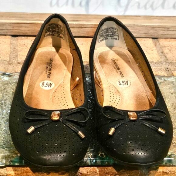 London Fog S BABETTE Perforated Flat Round Toe Slip-On Bow Black Sz 8.5 Wide - Picture 2 of 8